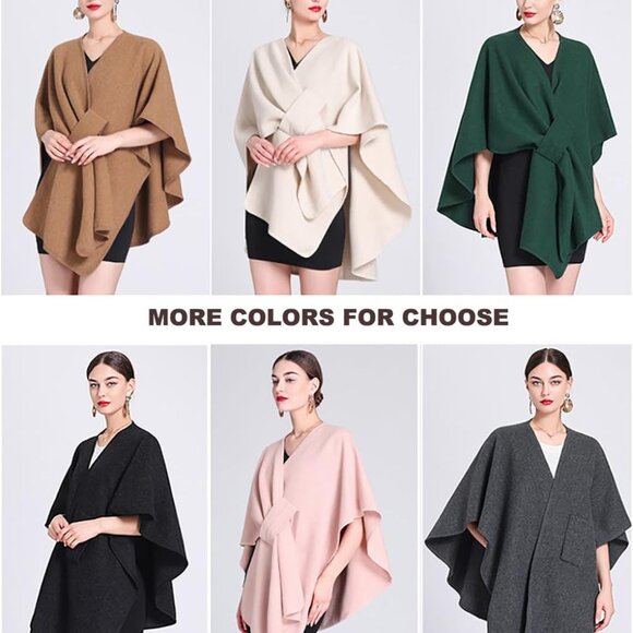 Women's Plus Size Wool Blend Cross Front Cape Wrap Warm Fall Winter Shawl - Picture 7 of 7
